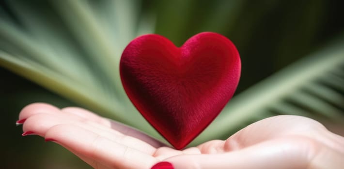Beautiful fluffy voluminous red velvet heart lies on palm in closeup. Womans hand holds heart on blurred background. Copy space. For valentines, mothers day greeting card, love sale banner, voucher