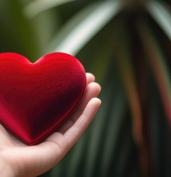 Beautiful fluffy voluminous red velvet heart lies on palm in closeup. Womans hand holds heart on blurred background. Copy space. For valentines, mothers day greeting card, love sale banner, voucher