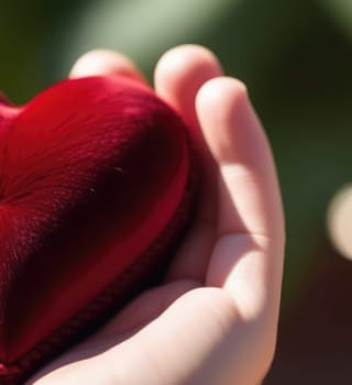 Beautiful fluffy voluminous red velvet heart lies on palm in closeup. Womans hand holds heart on blurred background. Copy space. For valentines, mothers day greeting card, love sale banner, voucher