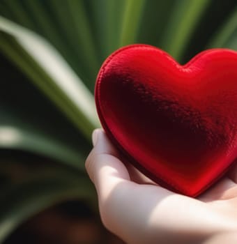 Beautiful fluffy voluminous red velvet heart lies on palm in closeup. Womans hand holds heart on blurred background. Copy space. For valentines, mothers day greeting card, love sale banner, voucher