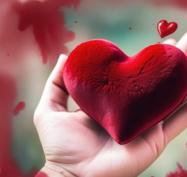 Beautiful fluffy voluminous red velvet heart lies on palm in closeup. Womans hand holds heart on blurred background. Copy space. For valentines, mothers day greeting card, love sale banner, voucher