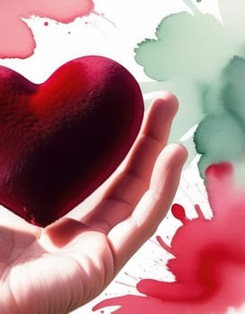 Beautiful fluffy voluminous red velvet heart lies on palm in closeup. Womans hand holds heart on blurred background. Copy space. For valentines, mothers day greeting card, love sale banner, voucher