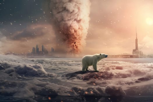 Polar bear on melting ice with industrial backdrop depicting environmental impact and climate change.