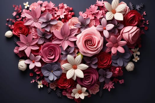 Beautifully crafted paper flower heart in shades of pink and red, presented on a dark elegant background.