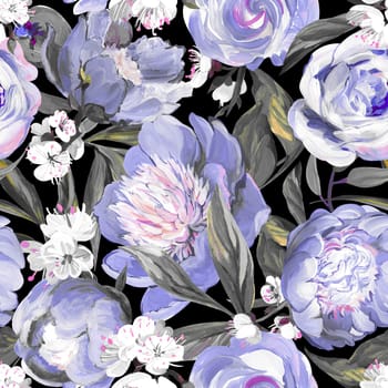 Botanical seamless pattern with peonies and sakura branches drawn in gouache for textile and design