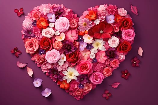 A colorful heart-shaped arrangement of mixed flowers on a purple backdrop