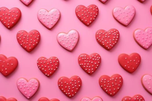 Heart-shaped cookies decorated with polka dots on a pink background