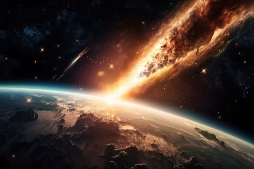 A spectacular view of a meteor shower approaching Earth against the backdrop of a starry space sky.