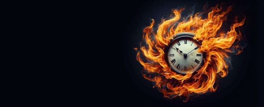 A clock dial aflame, offset, epitomizes time's ceaseless flow