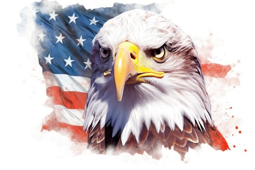 Close-up illustration of an American bald eagle with a stylized United States flag, evoking national pride and freedom.