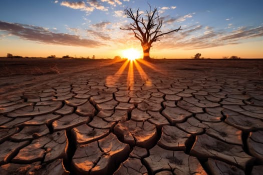 The setting sun casts a warm glow over a parched, cracked landscape with a solitary dead tree, evoking themes of climate change and drought.