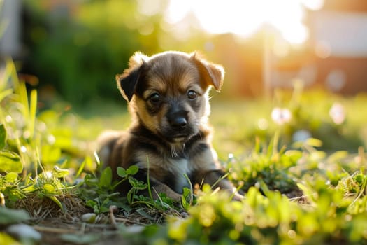 A small brown and black dog peacefully rests on the grass, with its body relaxed and its gaze focused on the surroundings.