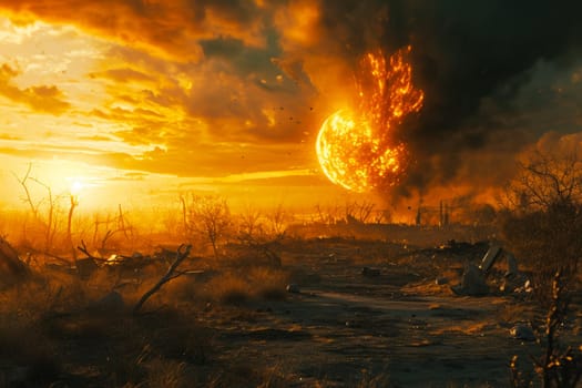 A powerful explosion creates a massive fireball and billowing smoke in the middle of a field.