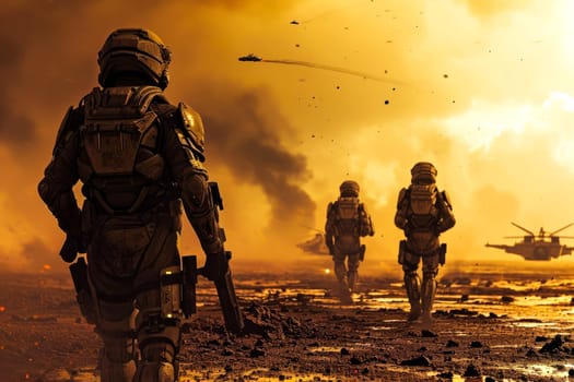 A group of soldiers dressed in camouflage uniforms and carrying rifles make their way through a barren desert landscape.