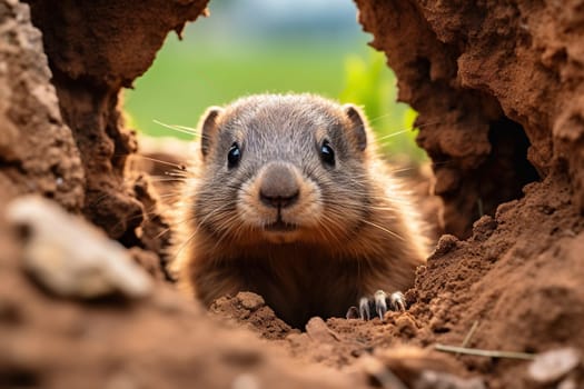 A marmot crawls out of the ground after hibernation.