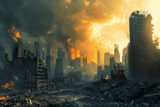 A city skyline covered in thick smoke, emitted from various industrial sources, creating a hazy and polluted atmosphere.