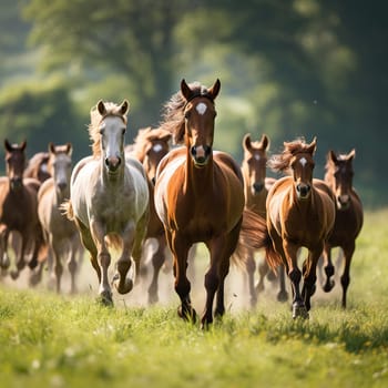 A herd of horses gallops along a country road.