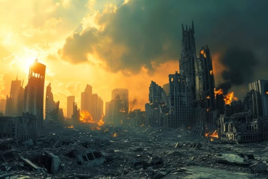 A city lies in ruins, engulfed in smoke and scattered debris, depicting the aftermath of destruction.