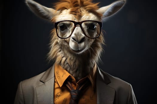 Lama in a business suit and glasses on a dark background.