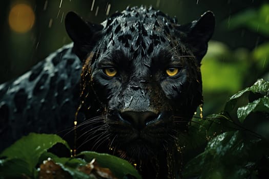 Portrait of a black panther, leopard with yellow eyes in the jungle.