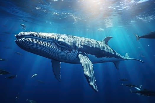 A humpback whale swims underwater.