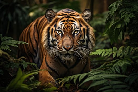 Portrait of an adult tiger in the jungle.