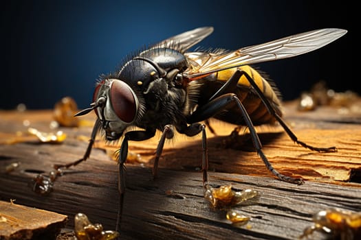 Macro photo of a fly on a wooden surface.