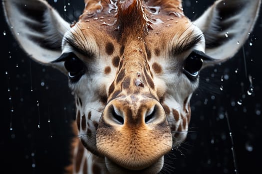 Portrait of an adult giraffe with water drops on a black background.