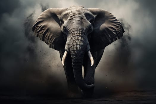 A huge elephant walks in clouds of gray dust.