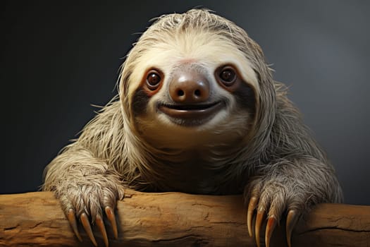 Cute sloth holding on to a tree and looking at the camera.