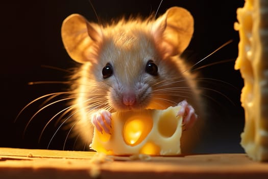 Little cute mouse eats a big piece of cheese.