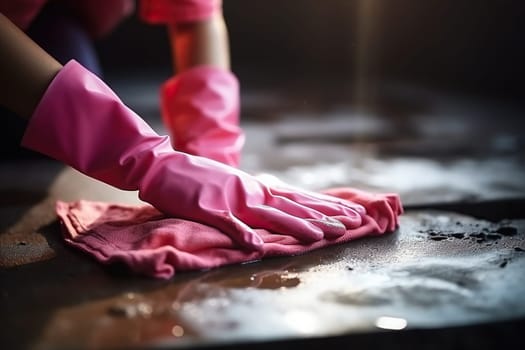 Hands in pink household gloves with a pink rag do wet cleaning of the surface.
