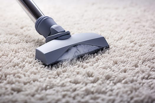 Cleaning a light-colored carpet with a vacuum cleaner. Housework concept.