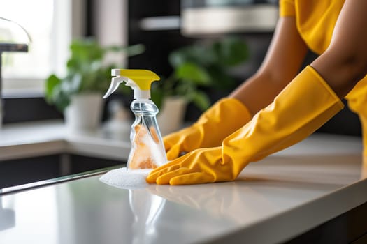 Hands in yellow household gloves wash the tabletop with a rag. Cleaning concept.