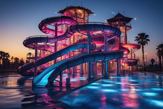 Water park in the evening in neon lighting in a luxury hotel with a swimming pool.