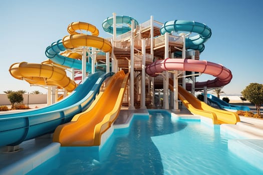 Water park, bright colorful slides. Water park without people on a summer day with a beautiful blue sky.