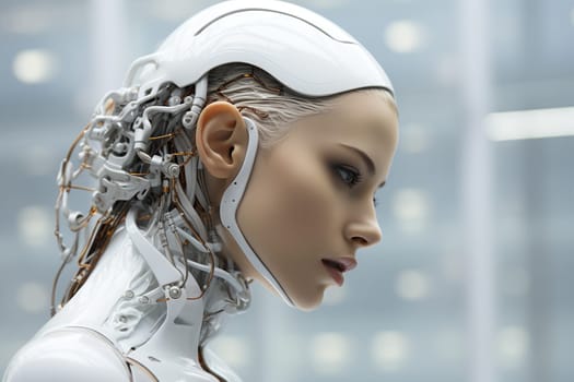 Side view of a cyborg woman. Cyberpunk, future technologies.