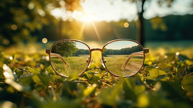 Glasses lie on green grass in the rays of the sun against a background of natural bokeh.