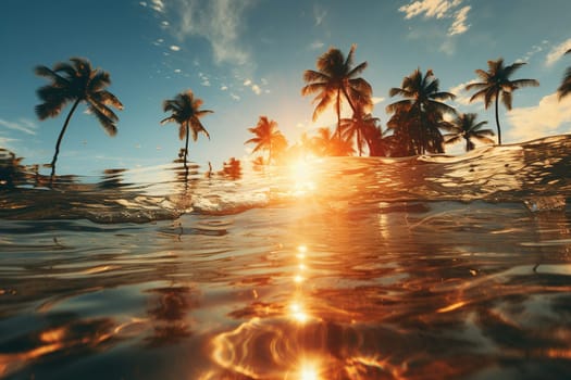 Image below and above water with a view of the seabed and palm trees.