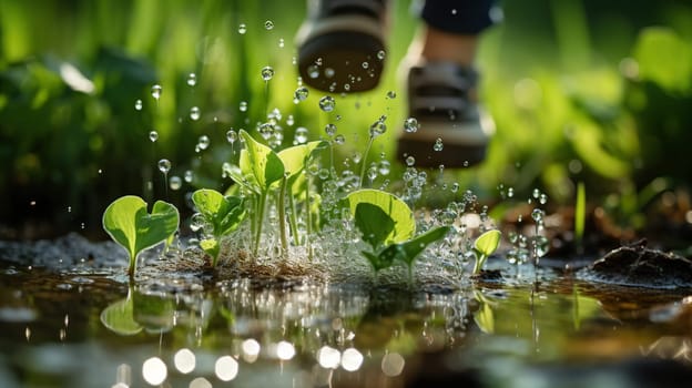 Green grass on a meadow with drops of water dew in the morning light in spring, summer outdoors. Close up, panorama.