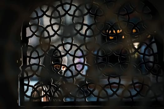 A mycountries.sterious girl in a hijab stands behind an ornate wrought-iron fence in a religious complex near with mosque. Travel to Eastern