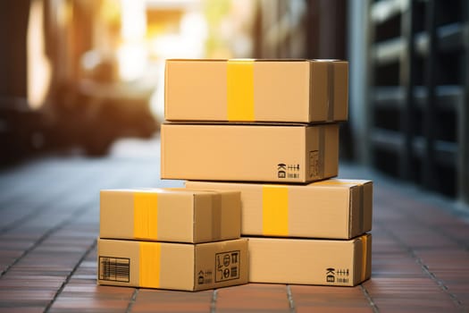 cardboard boxes are in a warehouse with bokeh background. The concept of logistics of cargo, parcels.