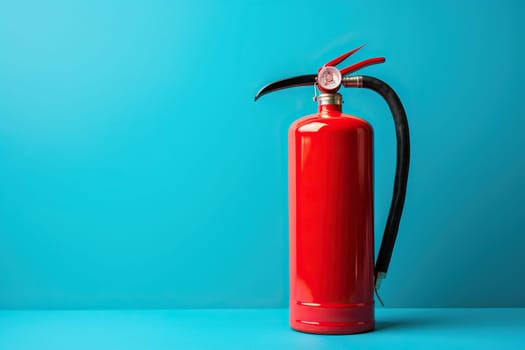 A red fire extinguisher stands on a blue background, space for text.