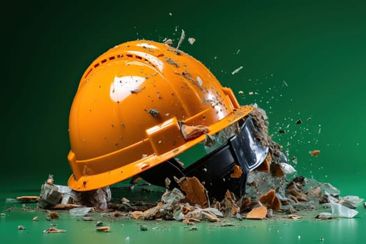 A whole orange helmet in broken bricks on a green background. Industrial safety concept.