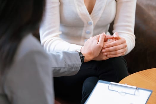 Psychological consultation on mental health or seeking help from professional, young patient on therapy session while psychiatrist making diagnostic on mental illness. Mental treatment session. Blithe