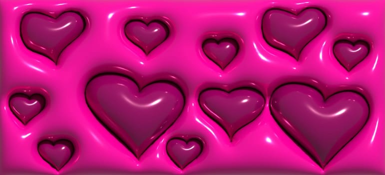 Pink inflated hearts of different sizes, 3D rendering illustration