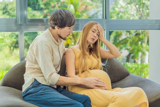 Expectant woman feels unwell, husband comforts and reassures her during a challenging pregnancy.