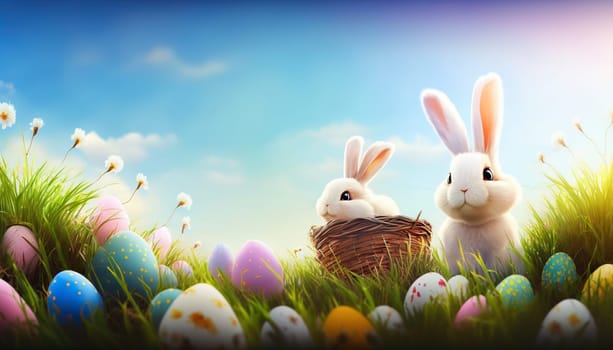 Two adorable bunnies nestled in a nest, surrounded by colorful Easter eggs on a vibrant spring meadow - Generative AI