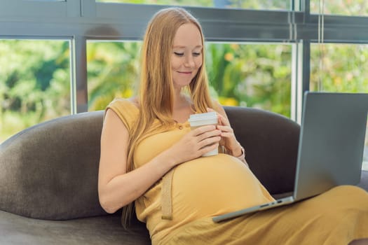 Tired pregnant woman at work drinks coffee. caution advised due to potential harm of caffeine during pregnancy.