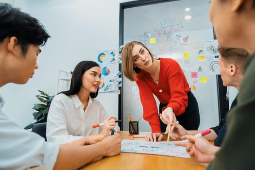 Creative happy business team brainstorming and sharing idea by using mind map and graphic graph while young beautiful project manager pointing at important point at business meeting. Immaculate.